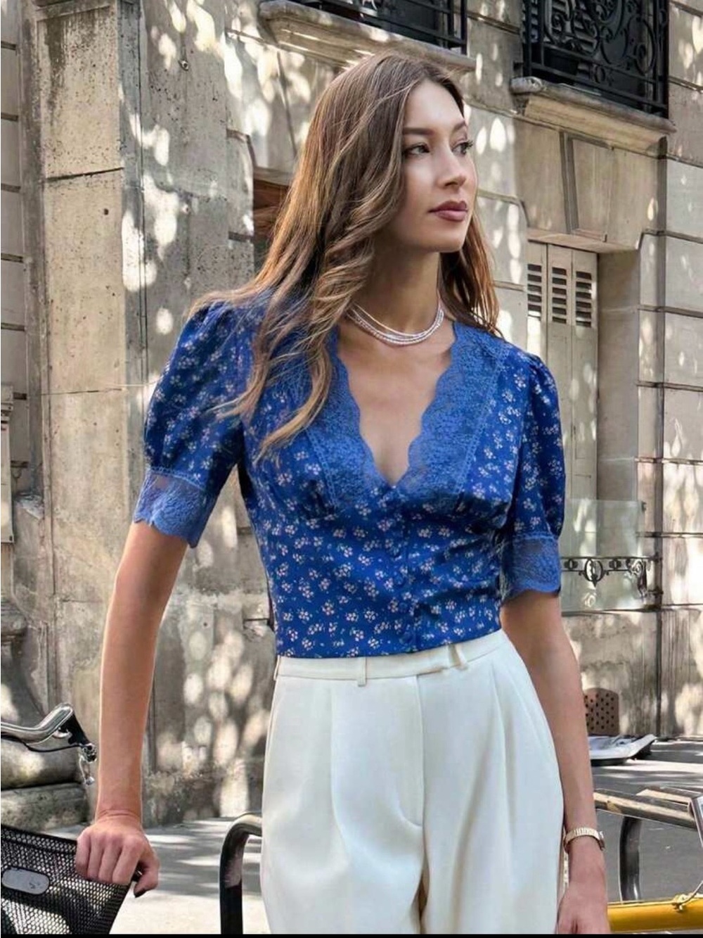 SHEIN Blue Floral Lace-Trim V-Neck Blouse